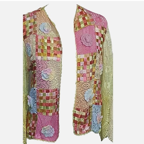 Parsley And Sage Women's Sweater Crochet Ribbon Open Front pink yellow green - Picture 6 of 9